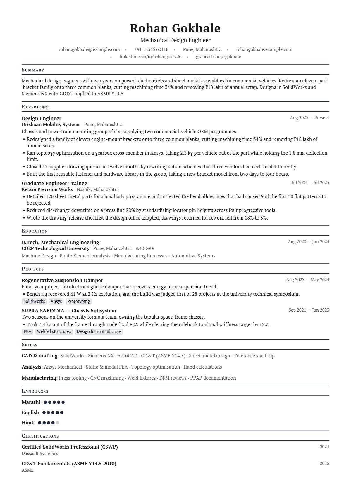 Mechanical Design Engineer résumé example — entry level, written for India, set in the Oxford design