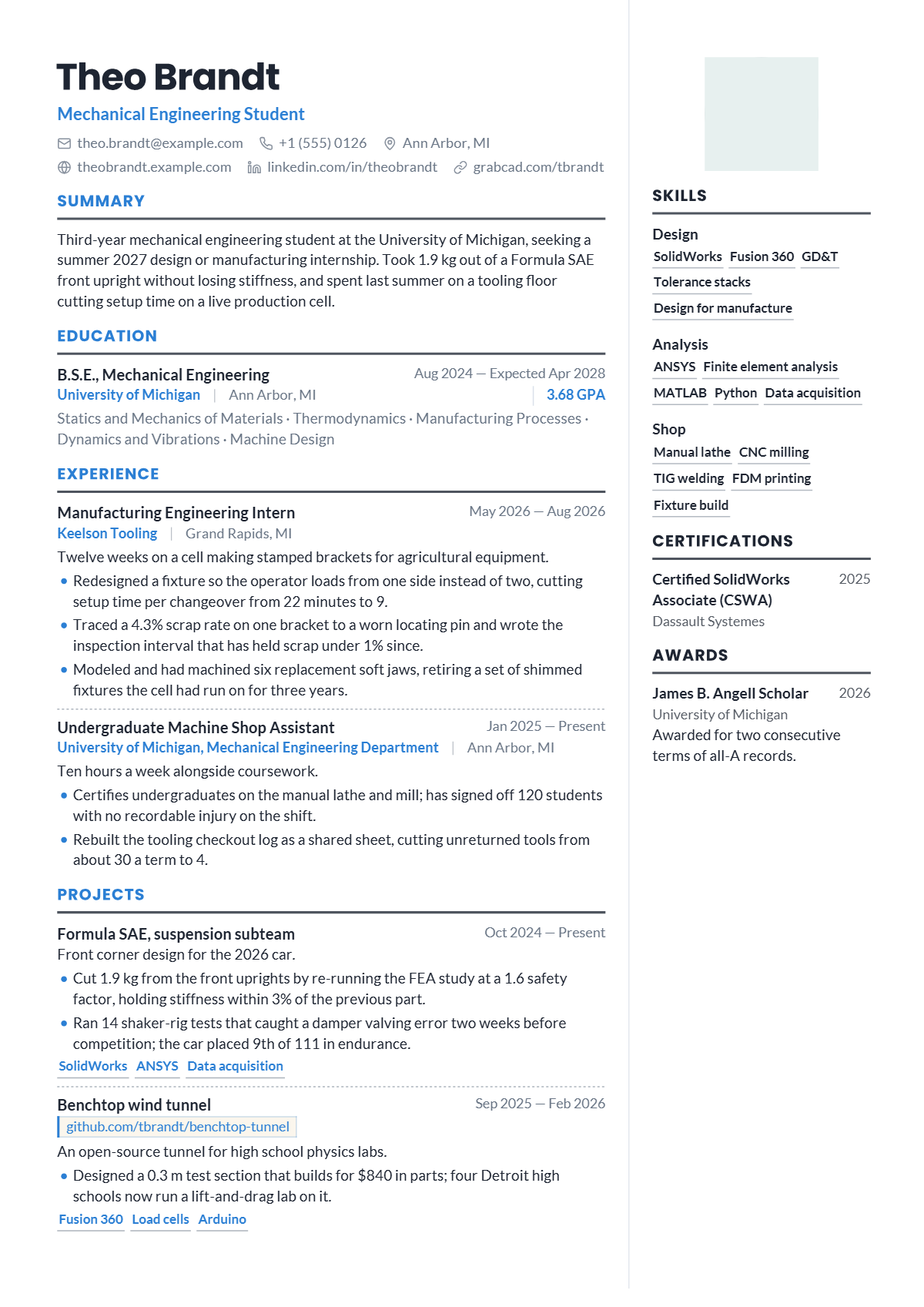Mechanical Engineering Intern résumé example — student, written for United States, set in the Clarity design