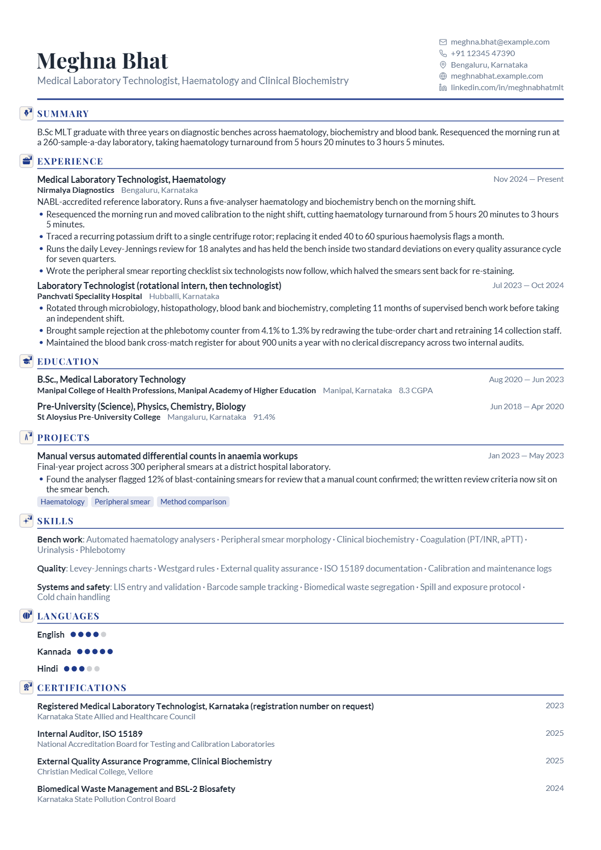 Medical Laboratory Technologist résumé example — entry level, written for India, set in the Mercury design