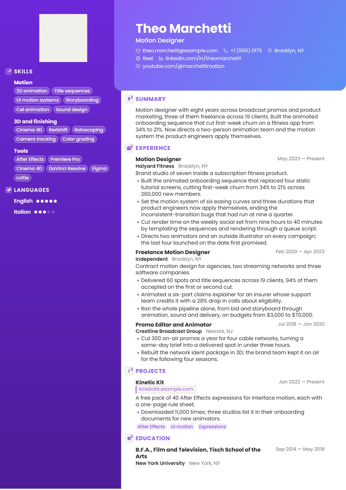 Motion Designer résumé example — mid level, written for United States, set in the Nova design