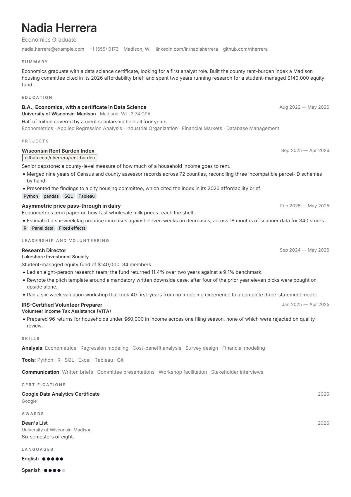 Entry-Level Business Analyst résumé example — entry level, written for United States, set in the Frost design