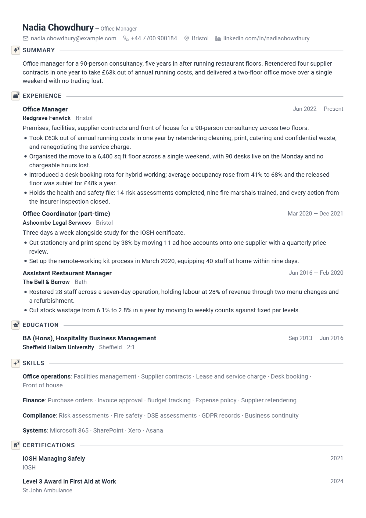Office Manager résumé example — mid level, written for United Kingdom, set in the Quartz design