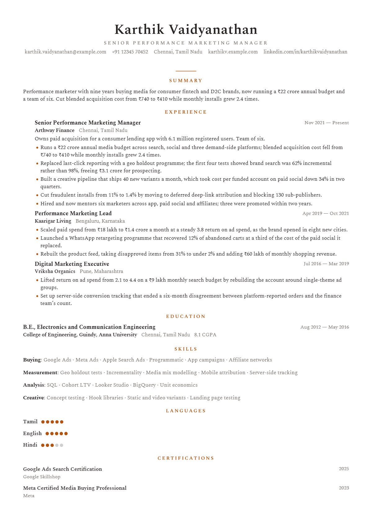 Performance Marketing Manager résumé example — senior, written for India, set in the Sienna design