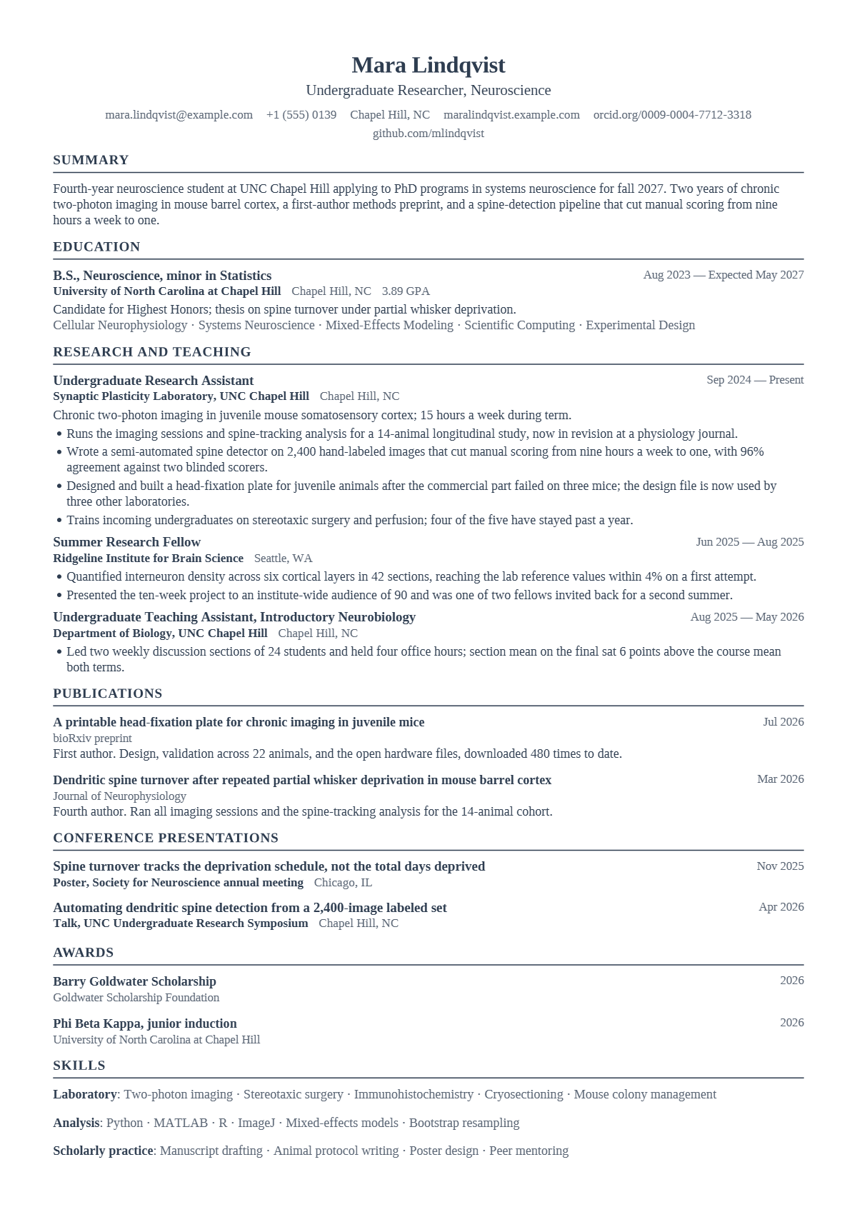 PhD Applicant, Neuroscience résumé example — student, written for United States, set in the Plainsong design