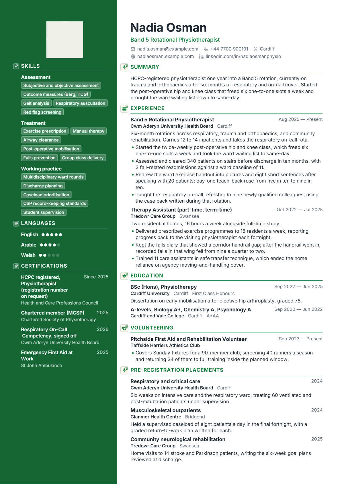 Physiotherapist (Band 5) résumé example — entry level, written for United Kingdom, set in the Verde design