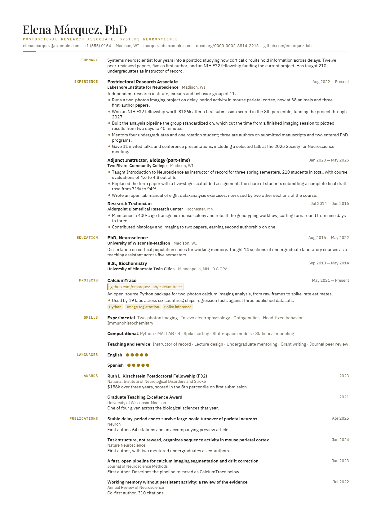 Postdoctoral Research Associate résumé example — mid level, written for United States, set in the Atelier design