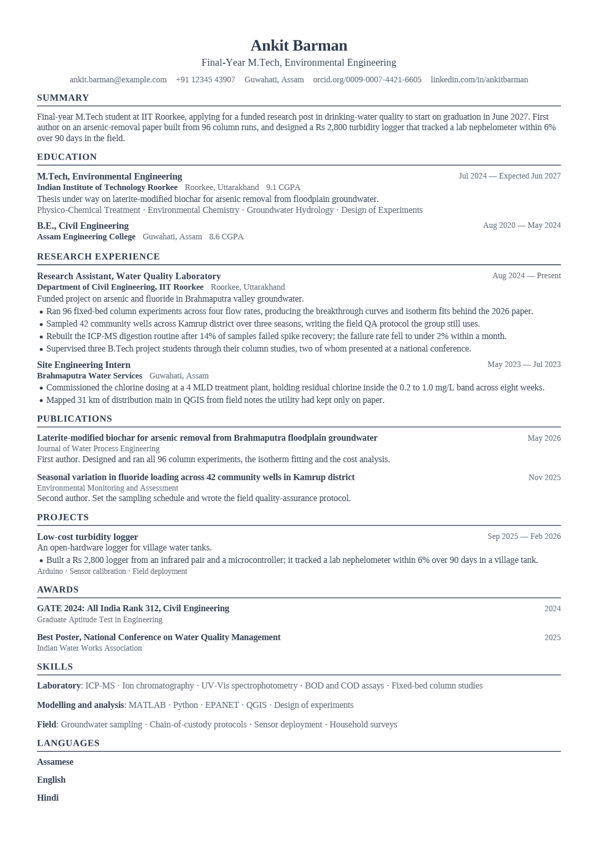 Research Associate résumé example — student, written for India, set in the Plainsong design