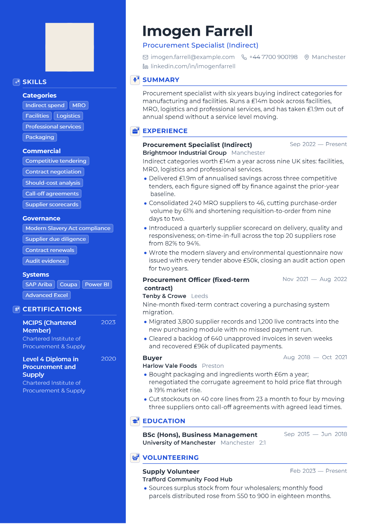 Procurement Specialist résumé example — mid level, written for United Kingdom, set in the Prism design