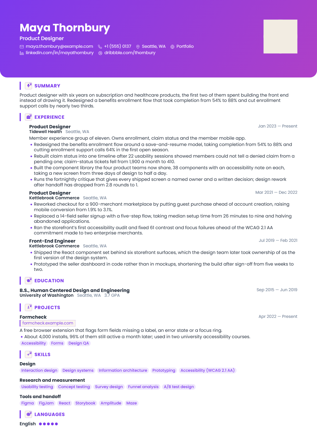 Product Designer résumé example — mid level, written for United States, set in the Spotlight design
