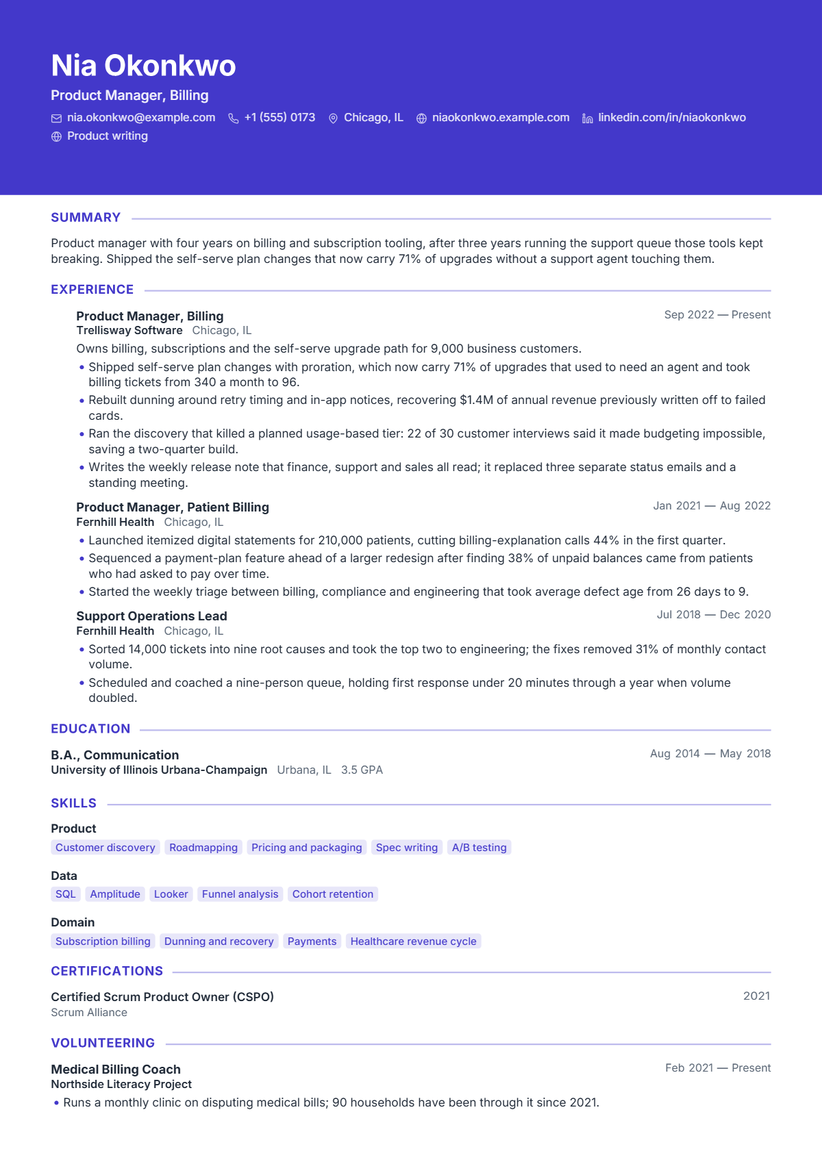Product Manager résumé example — mid level, written for United States, set in the Ribbon design
