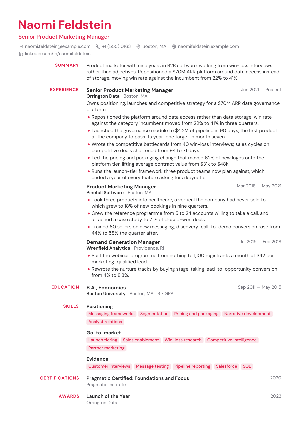 Product Marketing Manager résumé example — senior, written for United States, set in the Editorial design