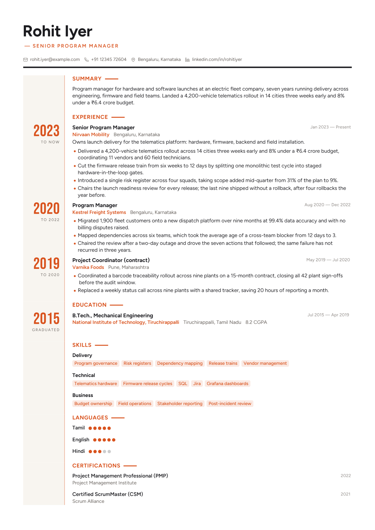 Program Manager résumé example — mid level, written for India, set in the Chronicle design