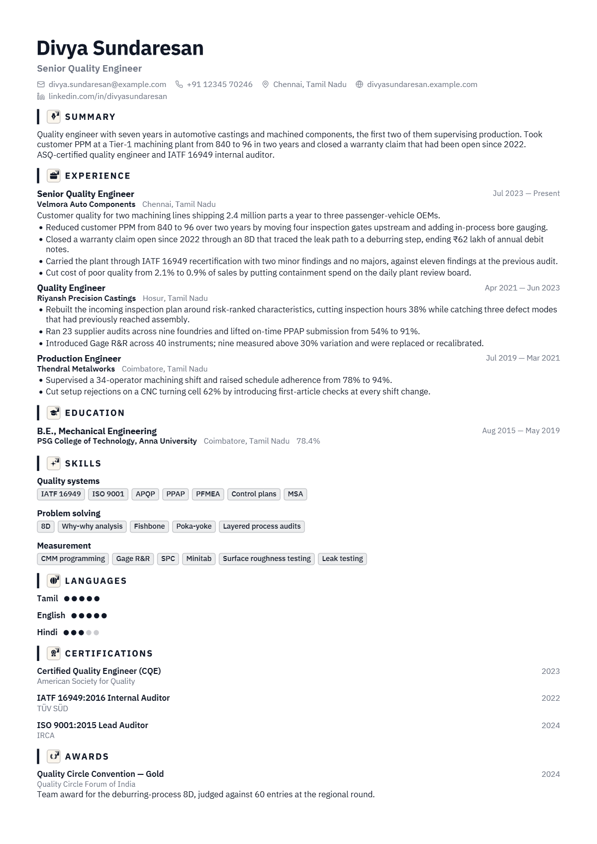 Quality Engineer résumé example — mid level, written for India, set in the Graphite design