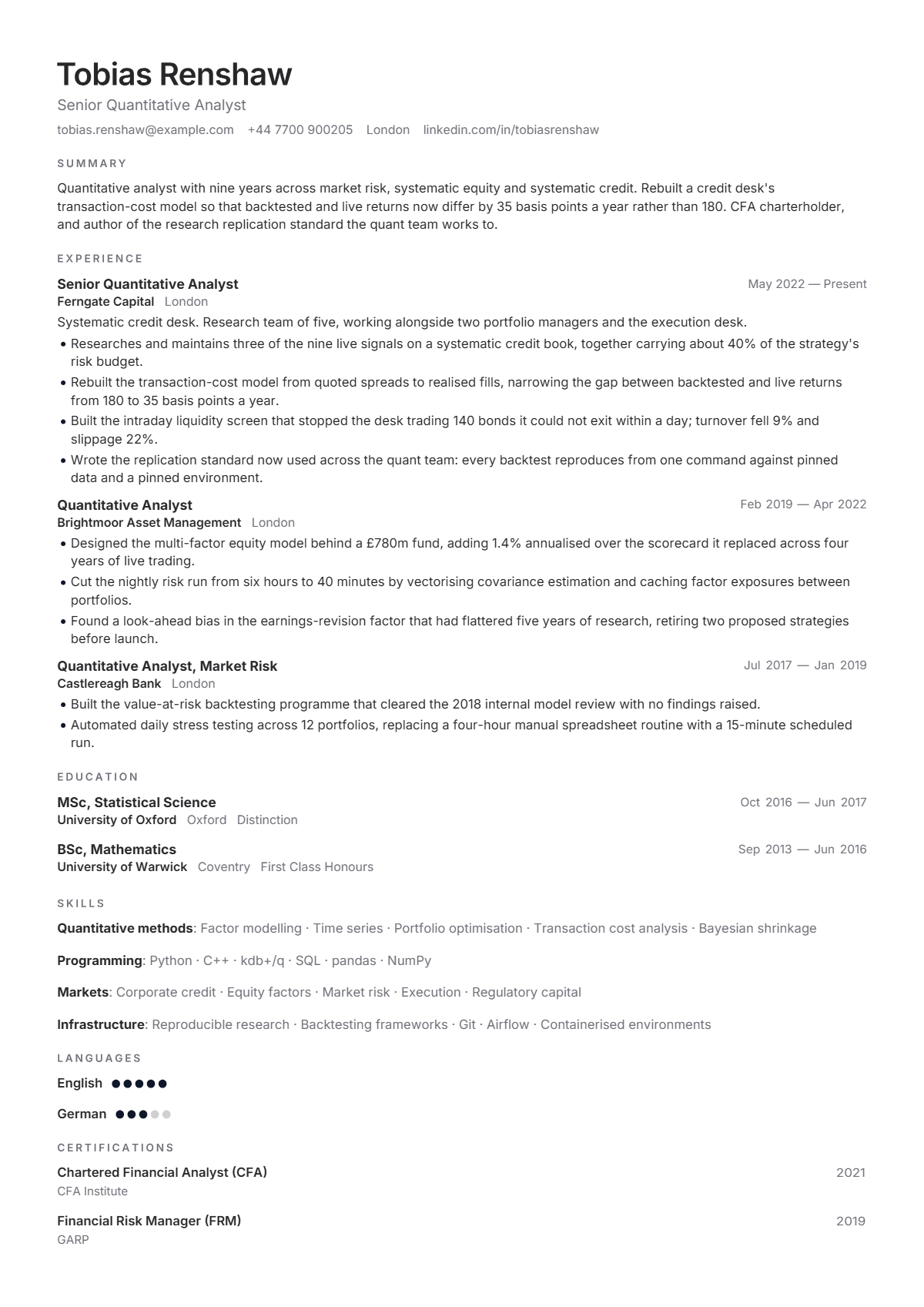 Quantitative Analyst résumé example — senior, written for United Kingdom, set in the Frost design