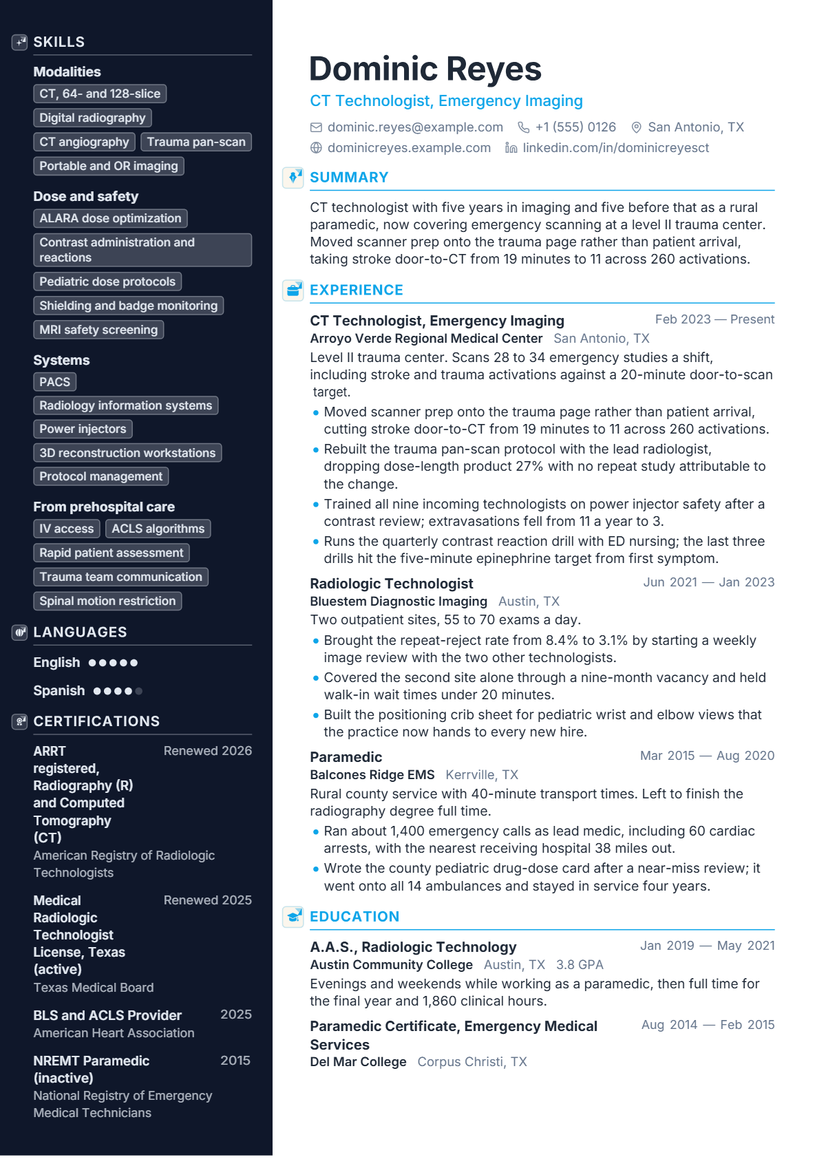 Radiologic Technologist (CT) résumé example — mid level, written for United States, set in the Apex design