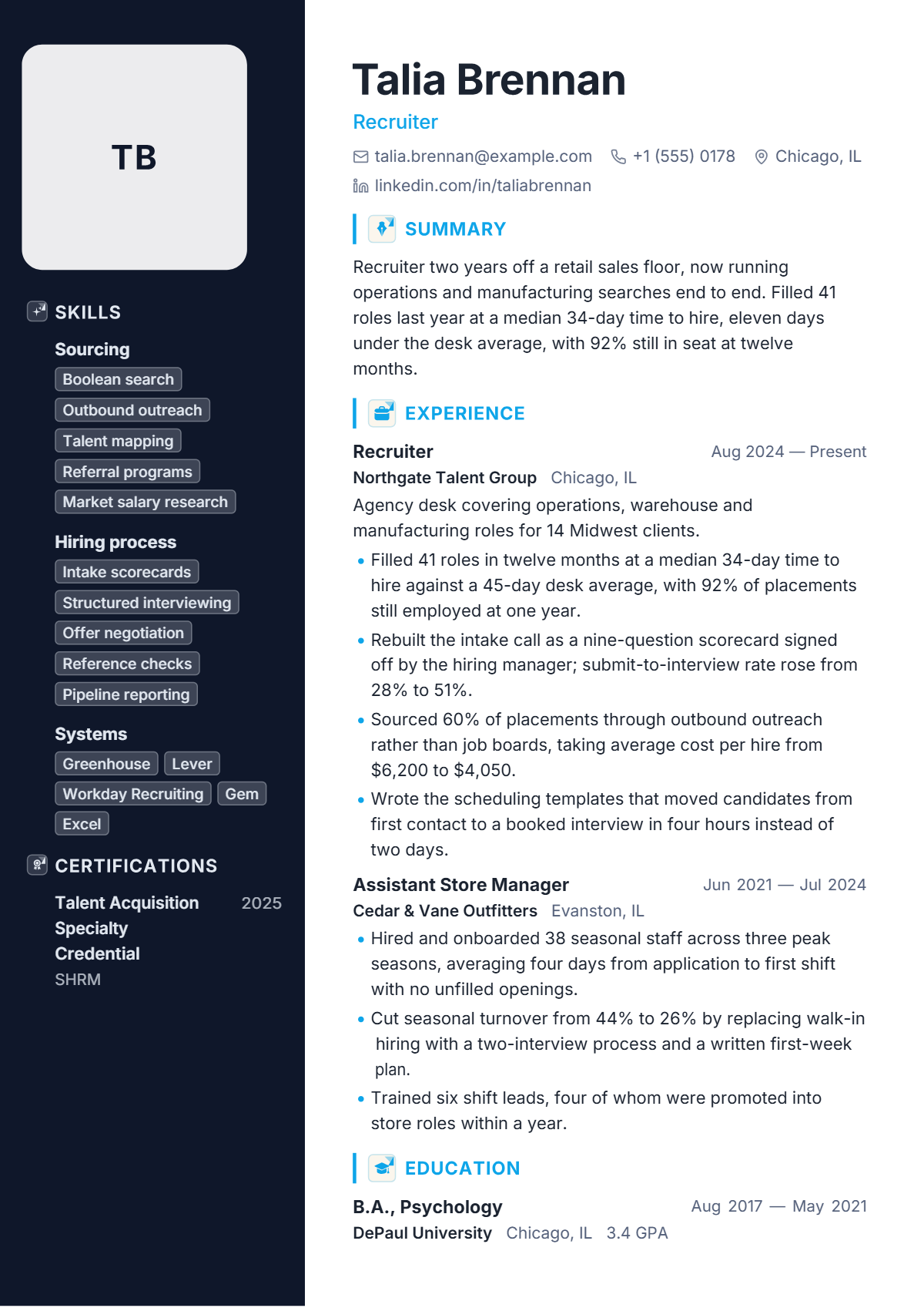 Recruiter résumé example — entry level, written for United States, set in the Initials design