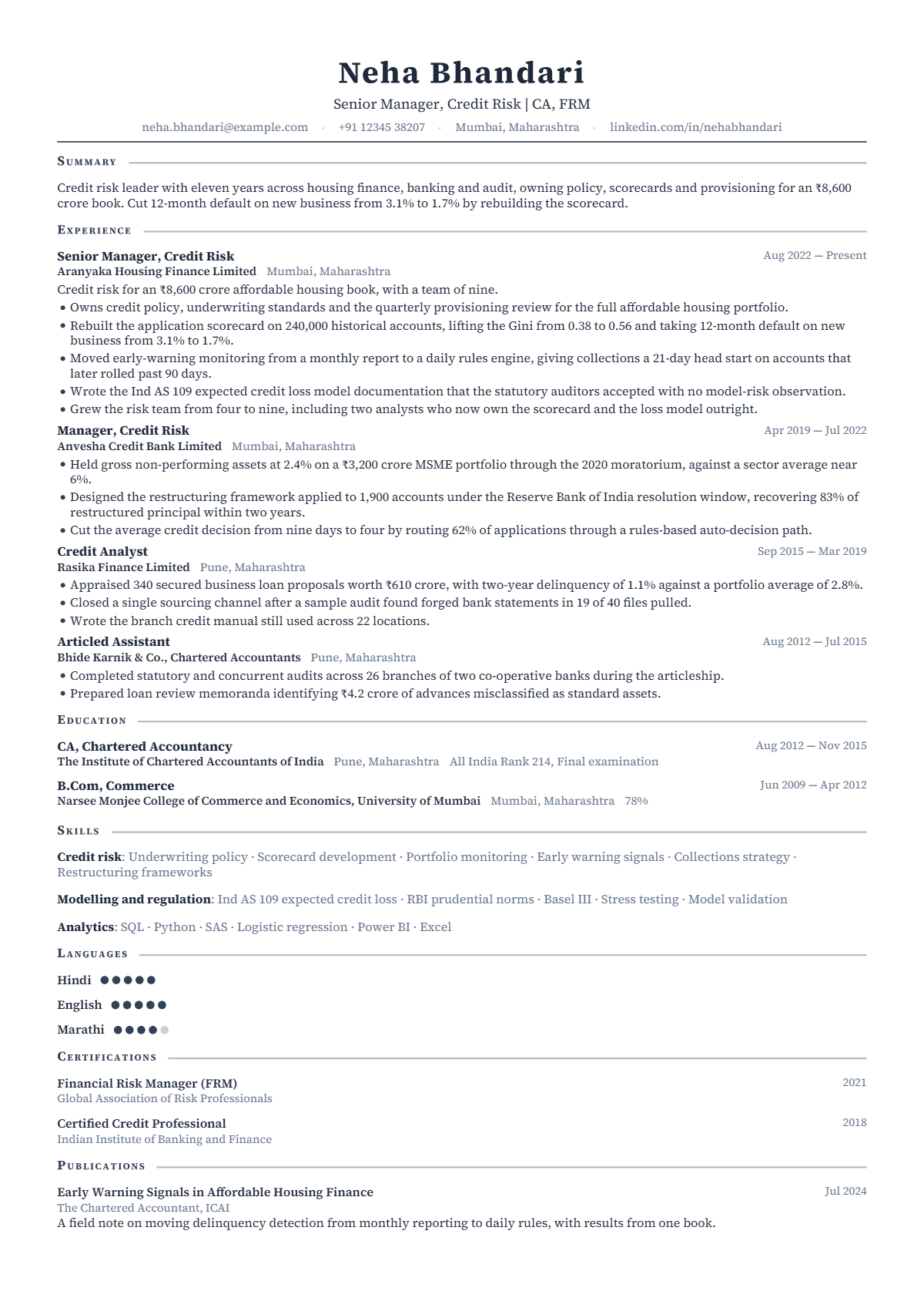 Risk Manager résumé example — senior, written for India, set in the Newton design