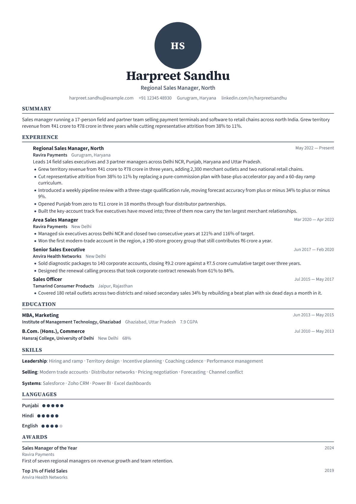 Sales Manager résumé example — senior, written for India, set in the Emblem design