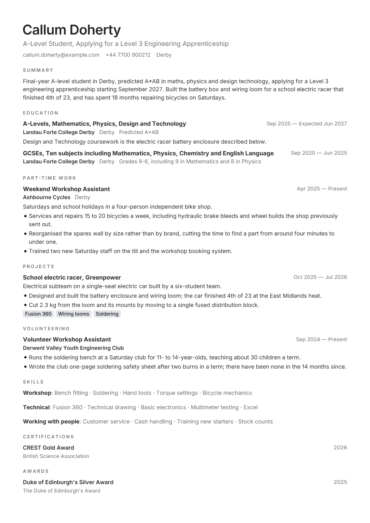 Engineering Apprentice résumé example — student, written for United Kingdom, set in the Frost design
