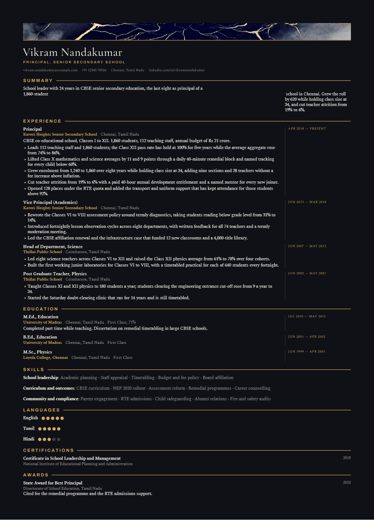 School Principal résumé example — lead & above, written for India, set in the Folio Noir design