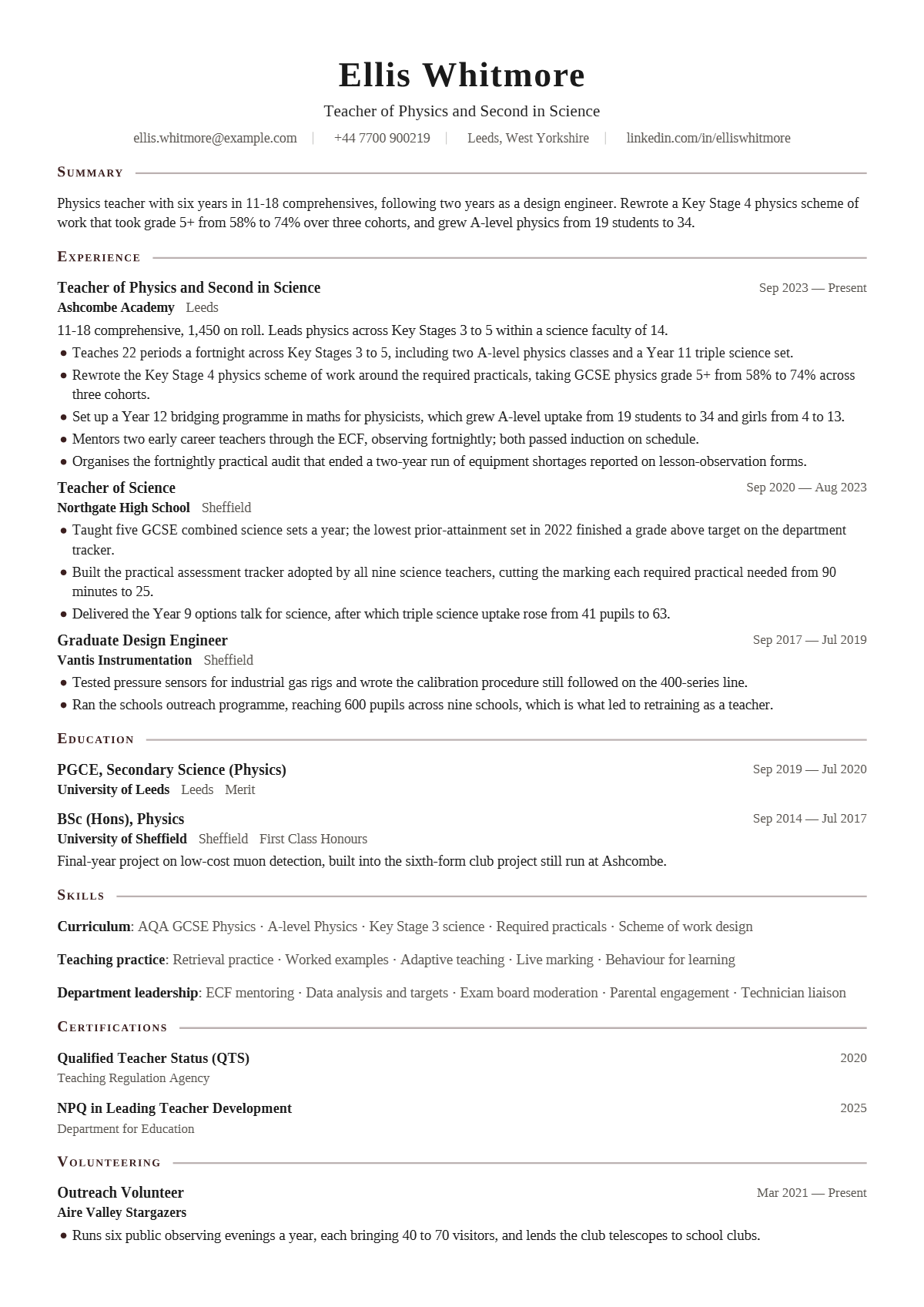 Secondary School Physics Teacher résumé example — mid level, written for United Kingdom, set in the Scholar design