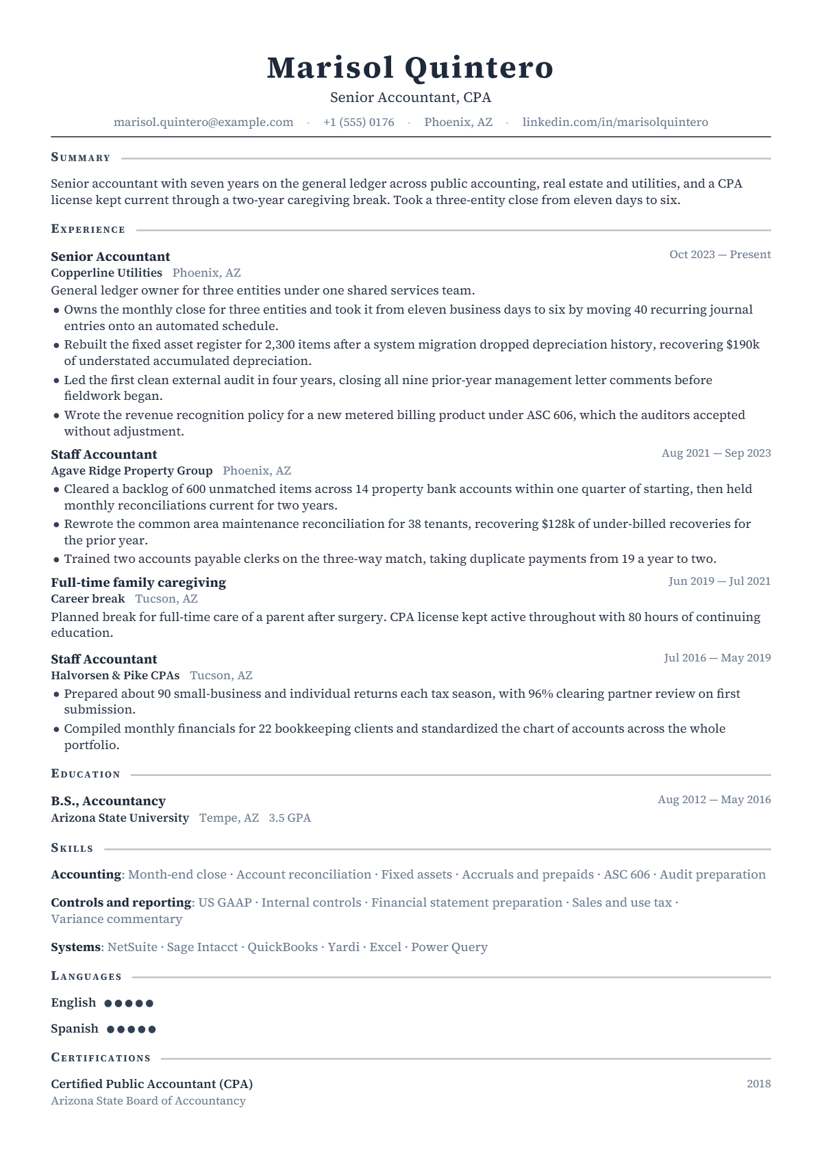 Senior Accountant résumé example — mid level, written for United States, set in the Newton design
