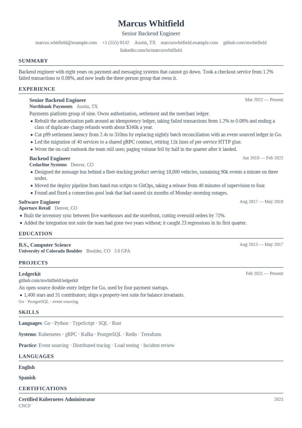 Senior Backend Engineer résumé example — senior, written for United States, set in the Plainsong design
