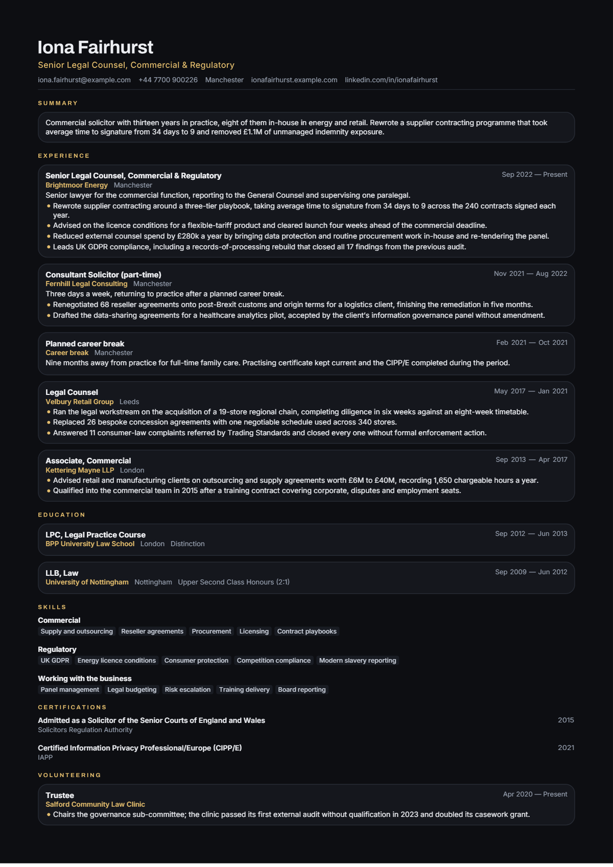 Senior Legal Counsel résumé example — senior, written for United Kingdom, set in the Obsidian design