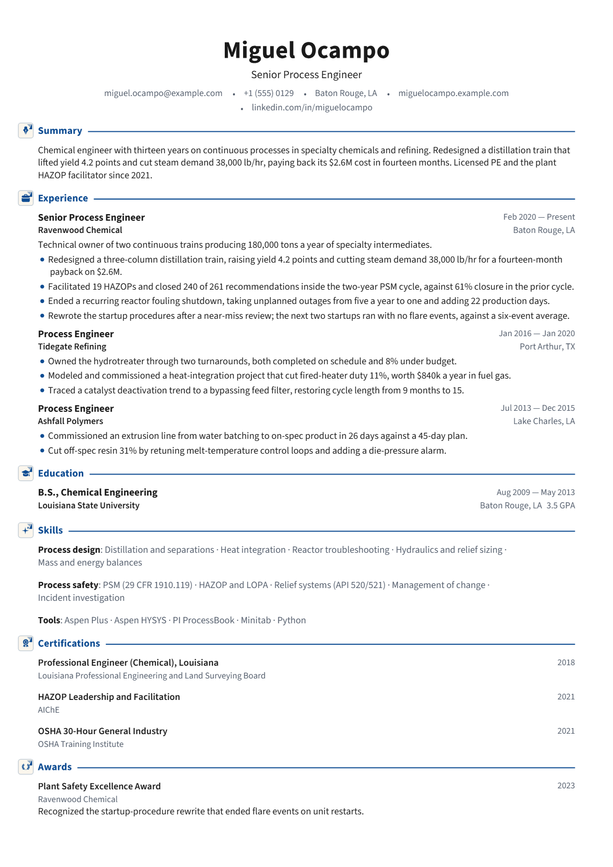 Senior Process Engineer résumé example — senior, written for United States, set in the Cambridge design