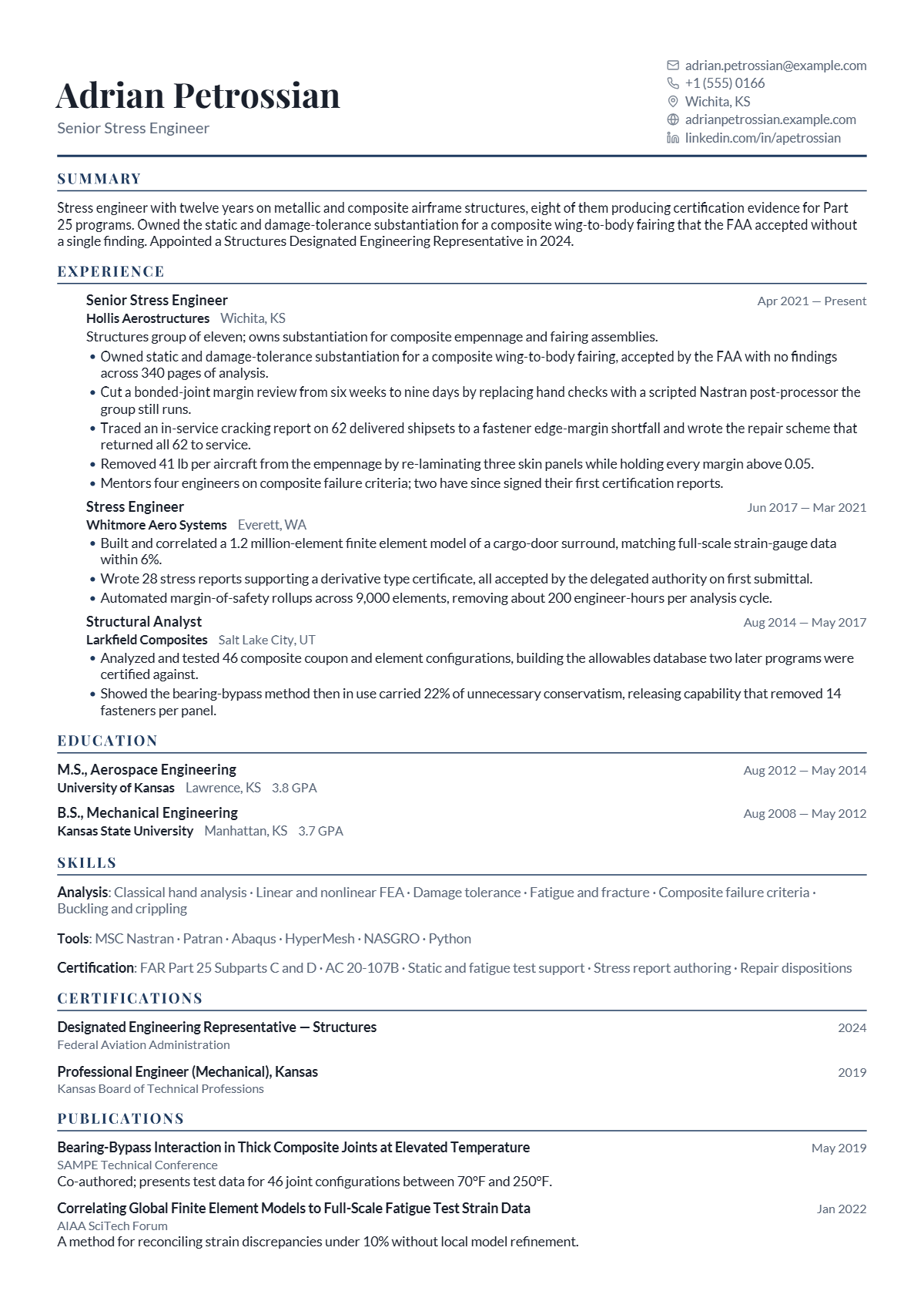 Senior Stress Engineer résumé example — senior, written for United States, set in the Sterling design