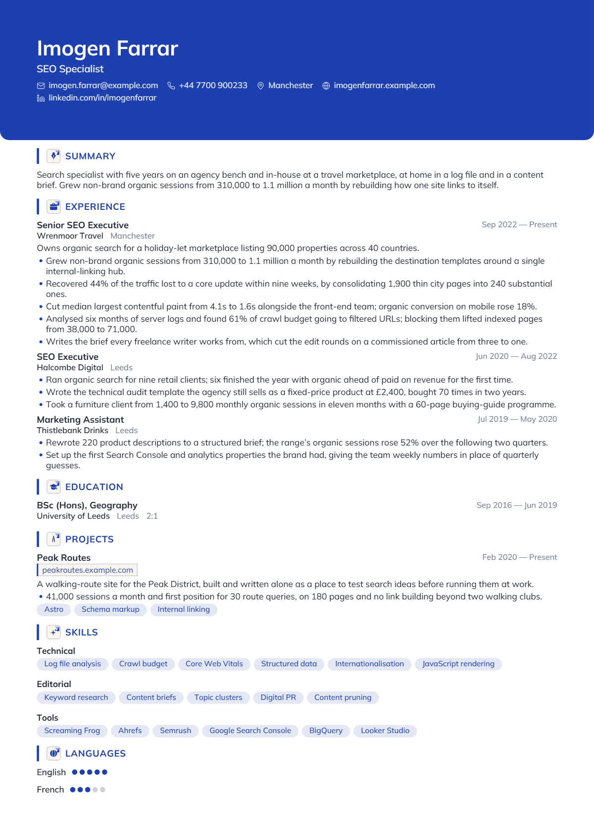 SEO Specialist résumé example — mid level, written for United Kingdom, set in the Cobalt design