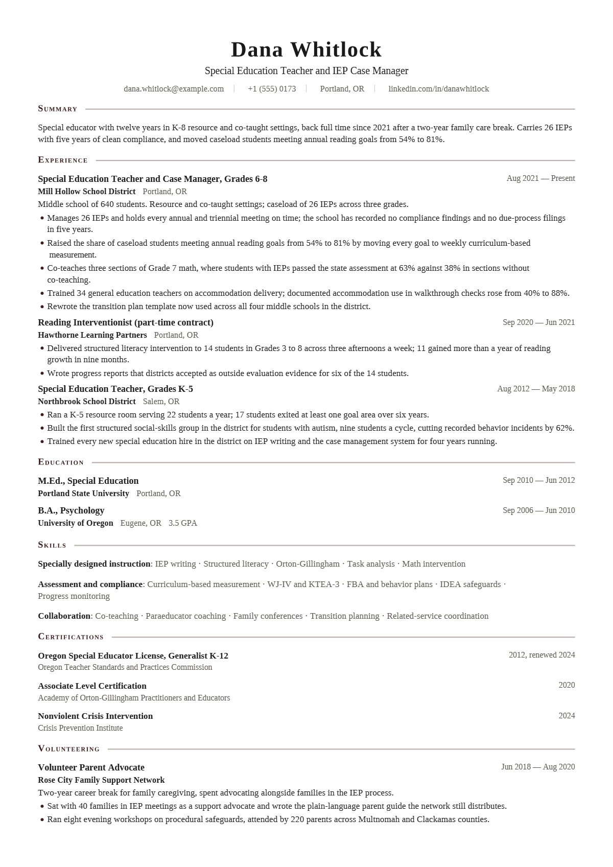 Special Education Teacher résumé example — senior, written for United States, set in the Scholar design