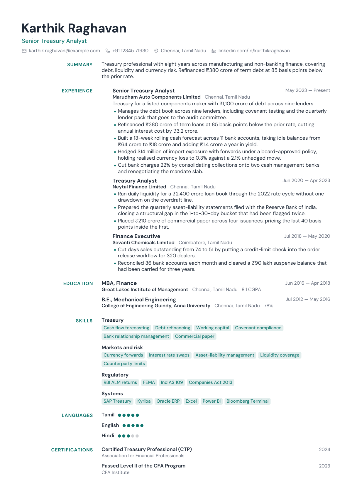 Treasury Analyst résumé example — mid level, written for India, set in the Slate design