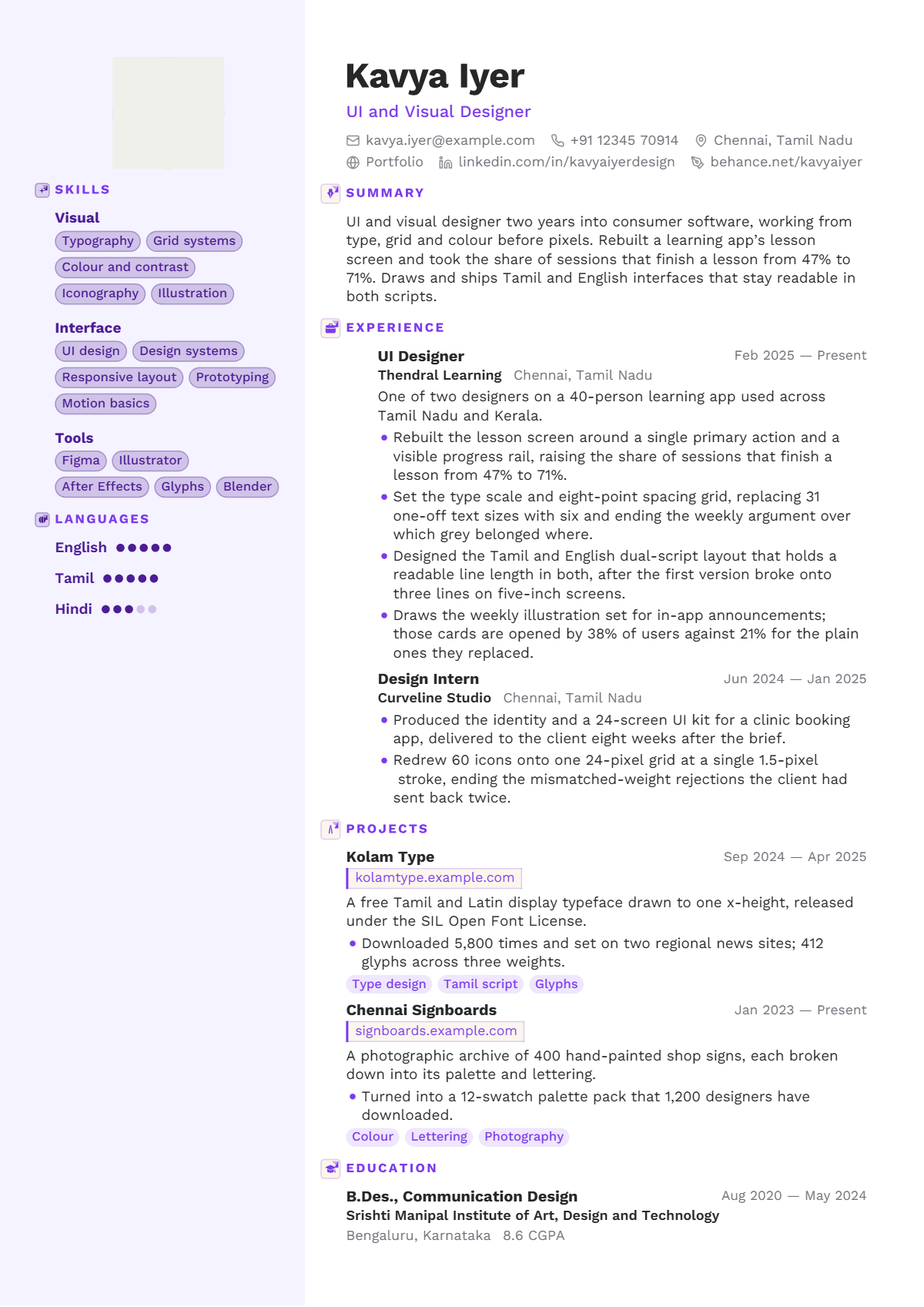 UI and Visual Designer résumé example — entry level, written for India, set in the Opal design