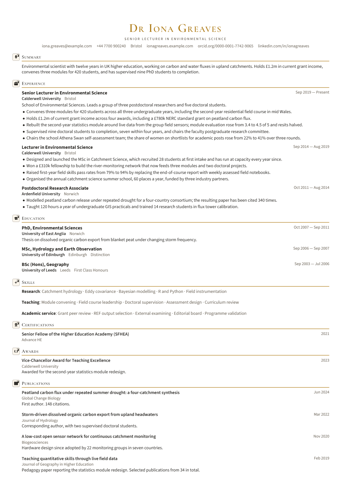 University Lecturer résumé example — senior, written for United Kingdom, set in the Aurum Editorial design