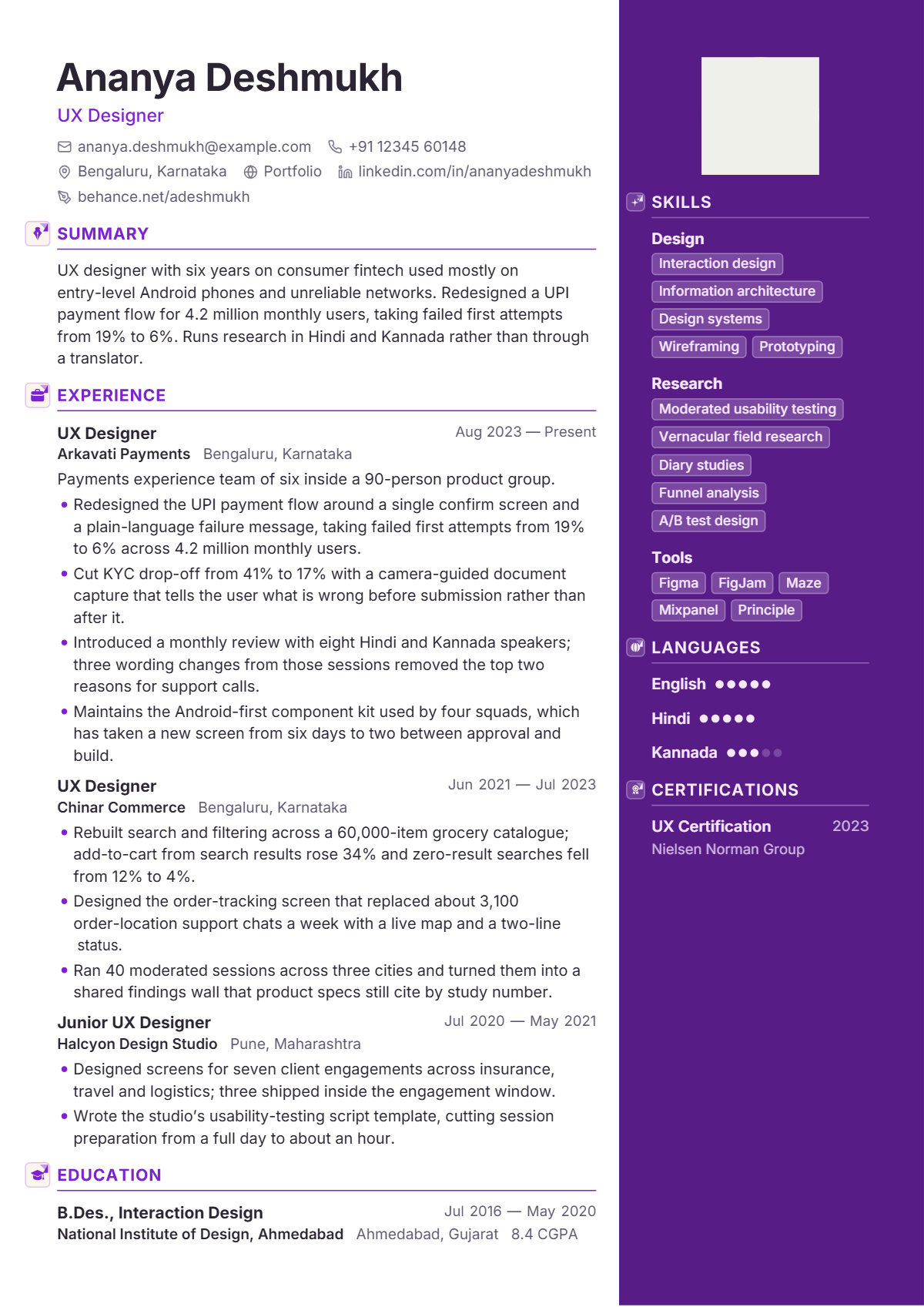 UX Designer résumé example — mid level, written for India, set in the Orchid design