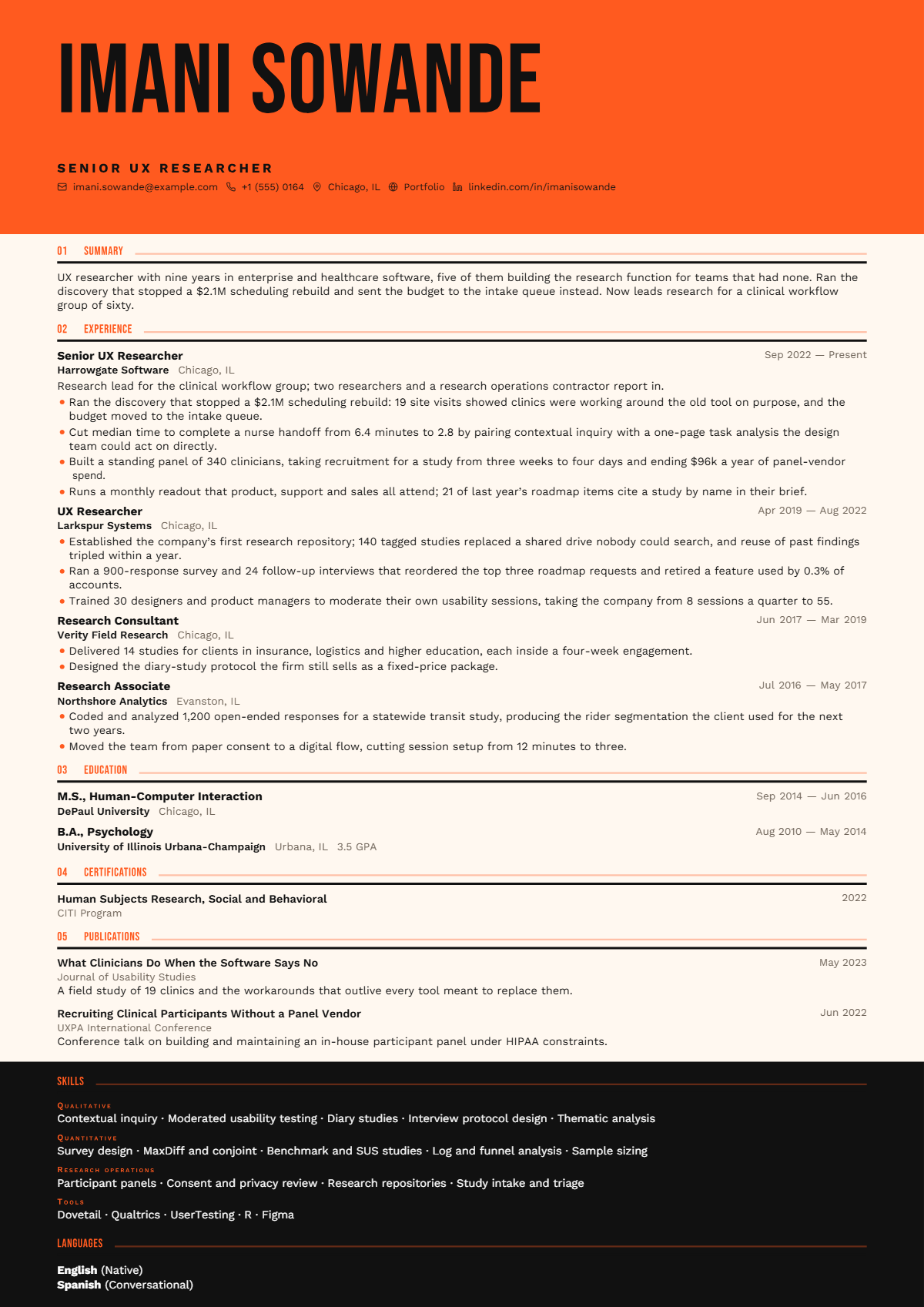 UX Researcher résumé example — senior, written for United States, set in the Marquee design