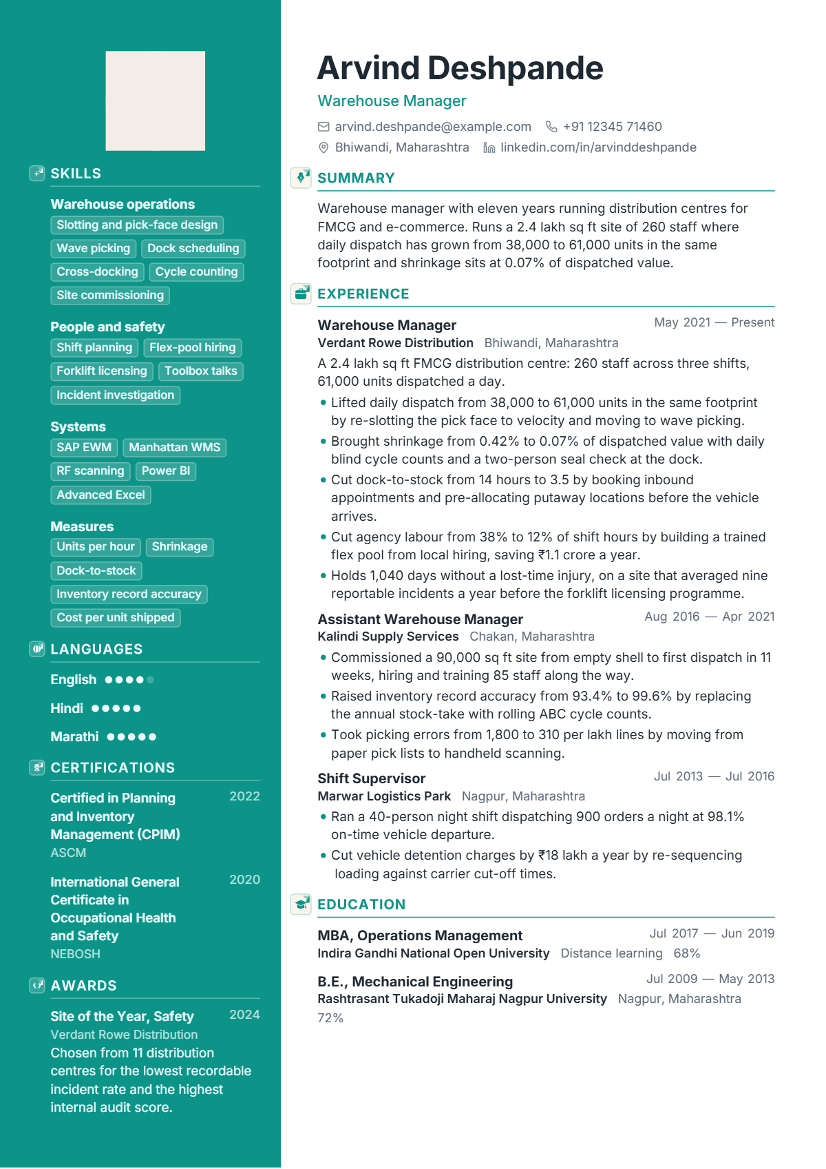 Warehouse Manager résumé example — senior, written for India, set in the Cascade design