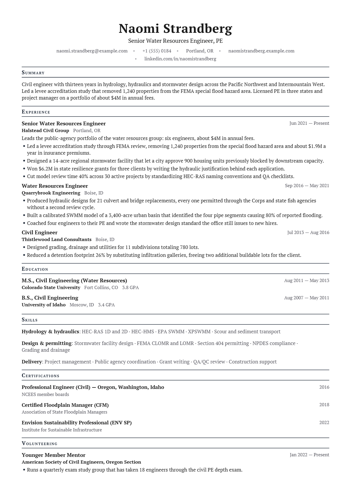 Water Resources Engineer résumé example — senior, written for United States, set in the Oxford design