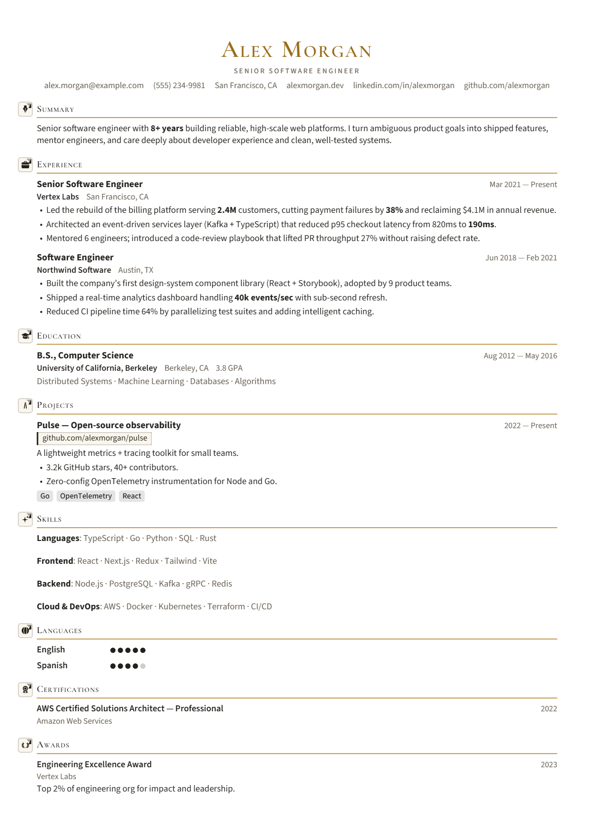 A full résumé page in the Aurum Editorial template: single column · premium · elegant