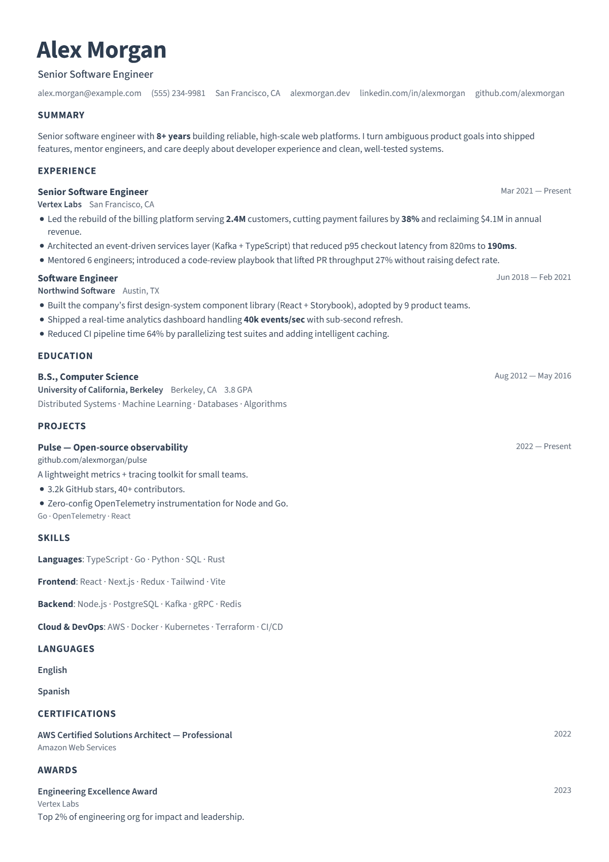 A full résumé page in the Bare template: single column · bare · minimal
