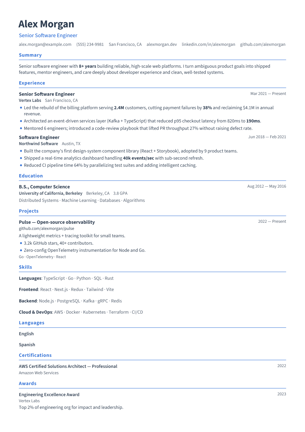A full résumé page in the Beacon template: single column · bare · modern