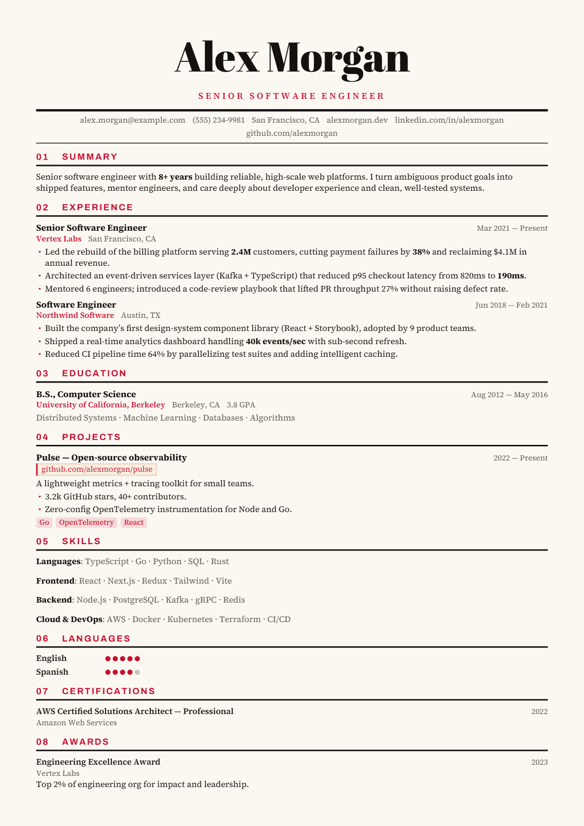 A full résumé page in the Broadsheet template: signature · single column · classic · premium
