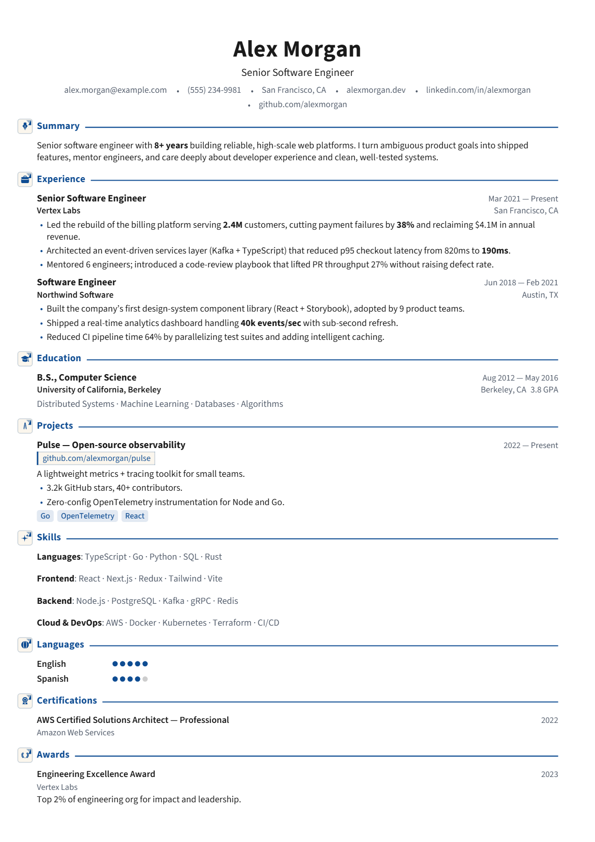 A full résumé page in the Cambridge template: single column · classic