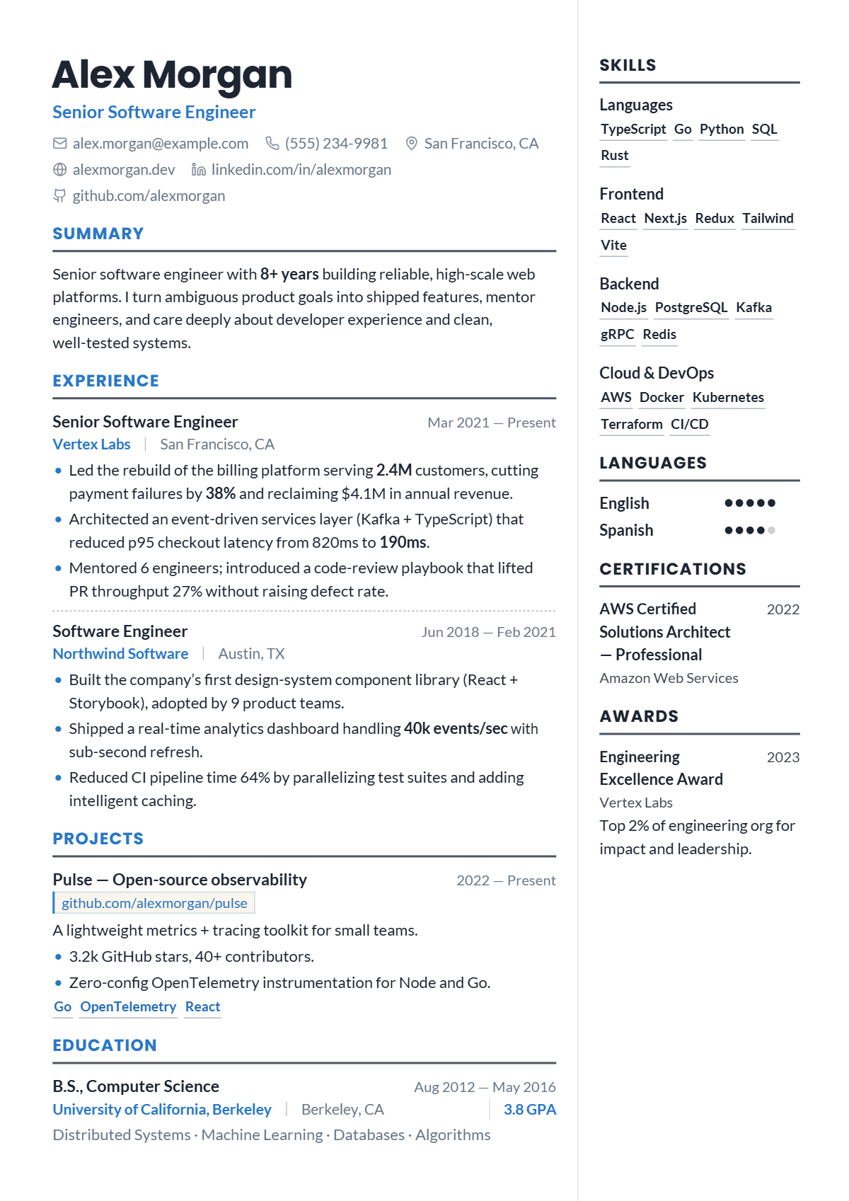 A full résumé page in the Clarity template: two column · modern · premium