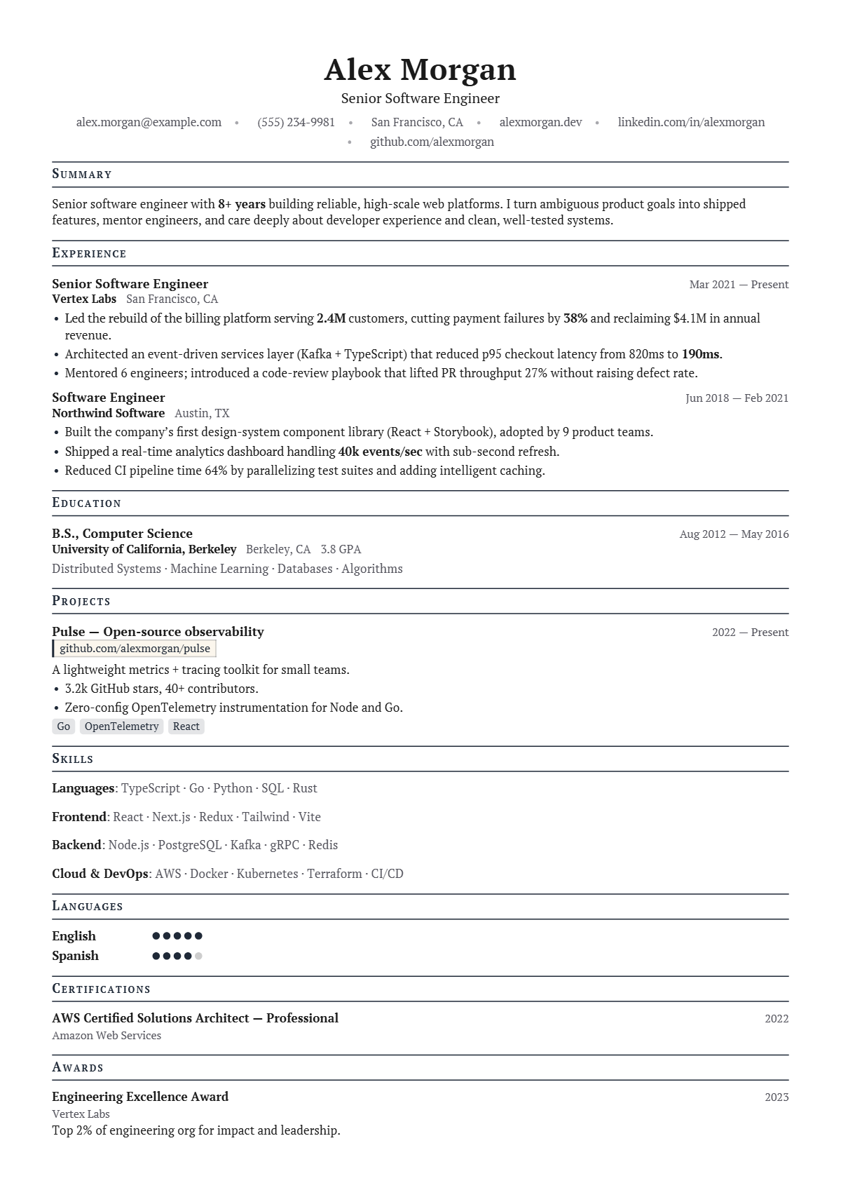 A full résumé page in the Oxford template: single column · classic