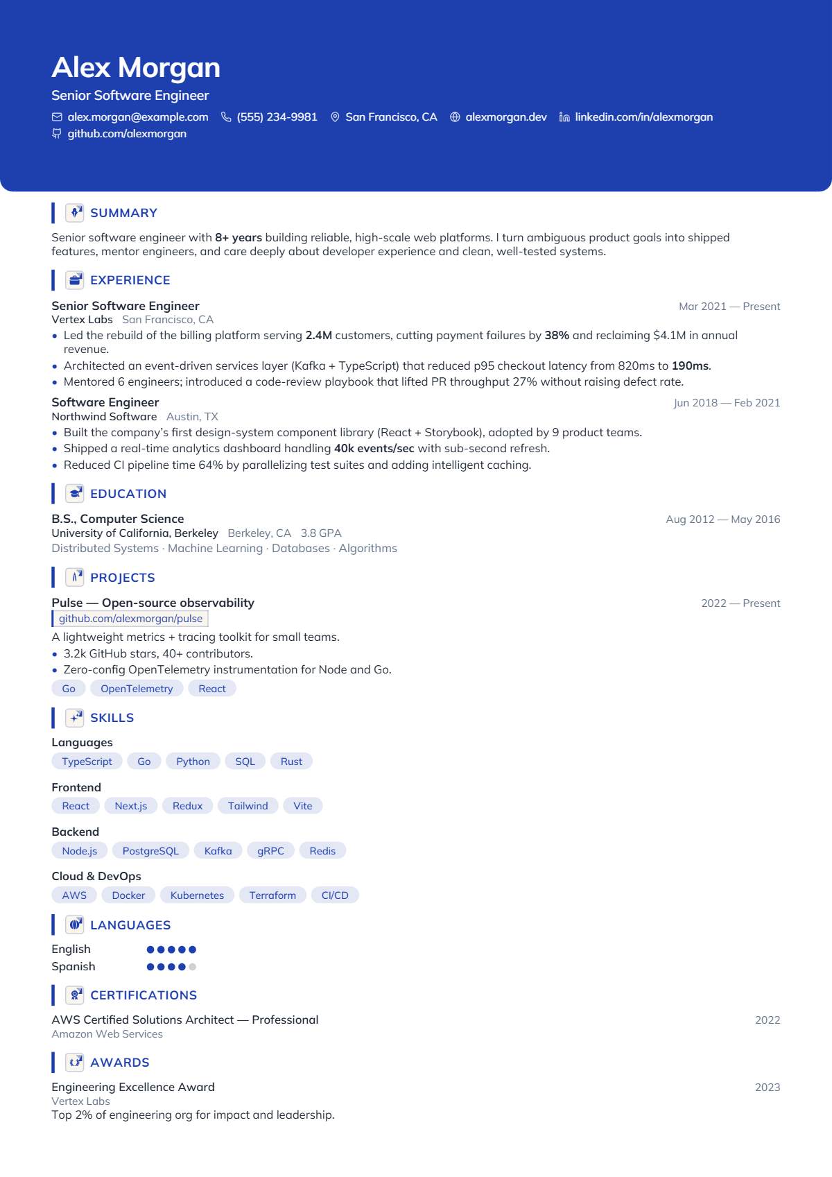 A full résumé page in the Cobalt template: single column · modern · creative