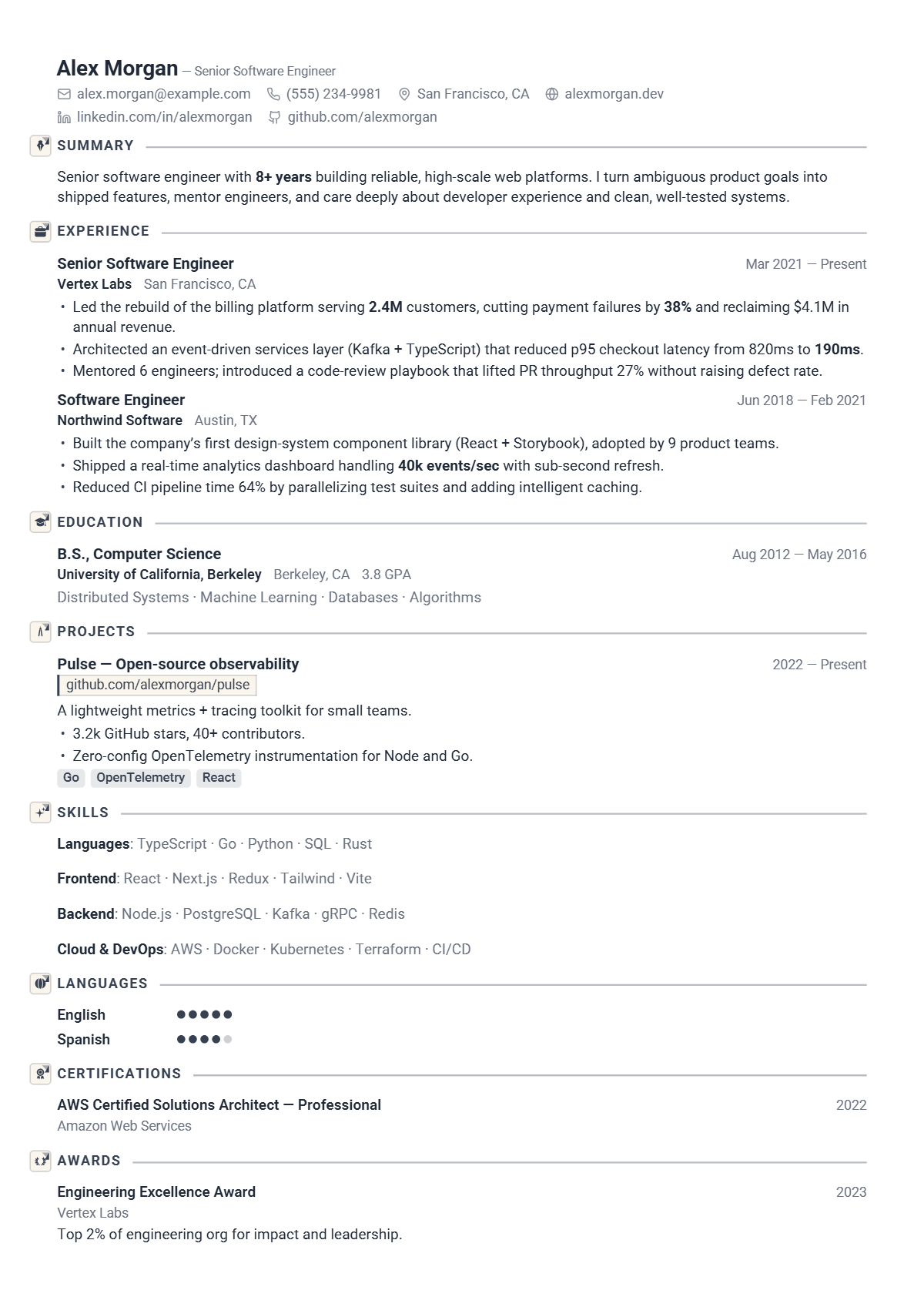 A full résumé page in the Quartz template: single column · compact