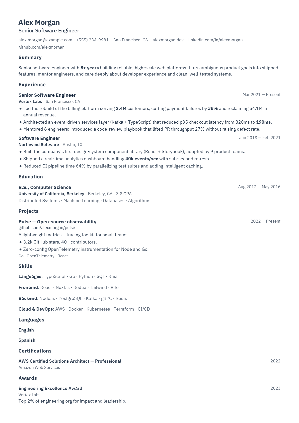 A full résumé page in the Console template: single column · bare · technical