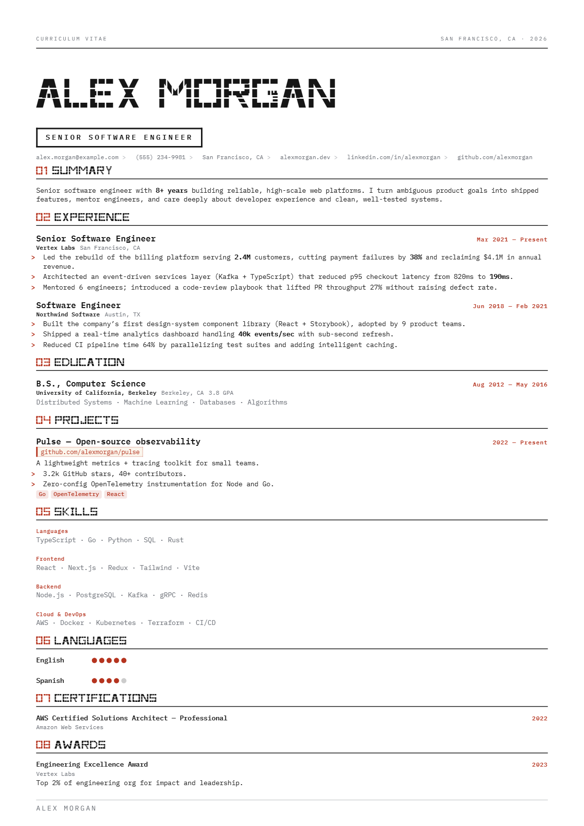 A full résumé page in the Dossier template: signature · single column · creative · technical · premium